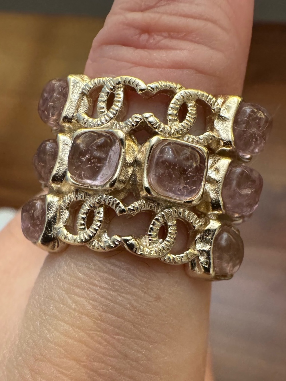 Super Rare Vintage Classic Chanel CC Logo Crystal & Gold Ring Size 7